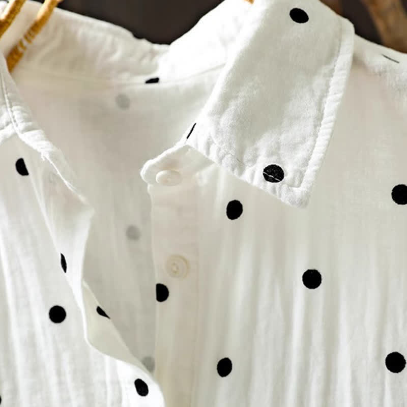 Buddha Stones Women's Commute Short Sleeve Polka Dot Lapel Cotton Shirt With Pockets - image 7