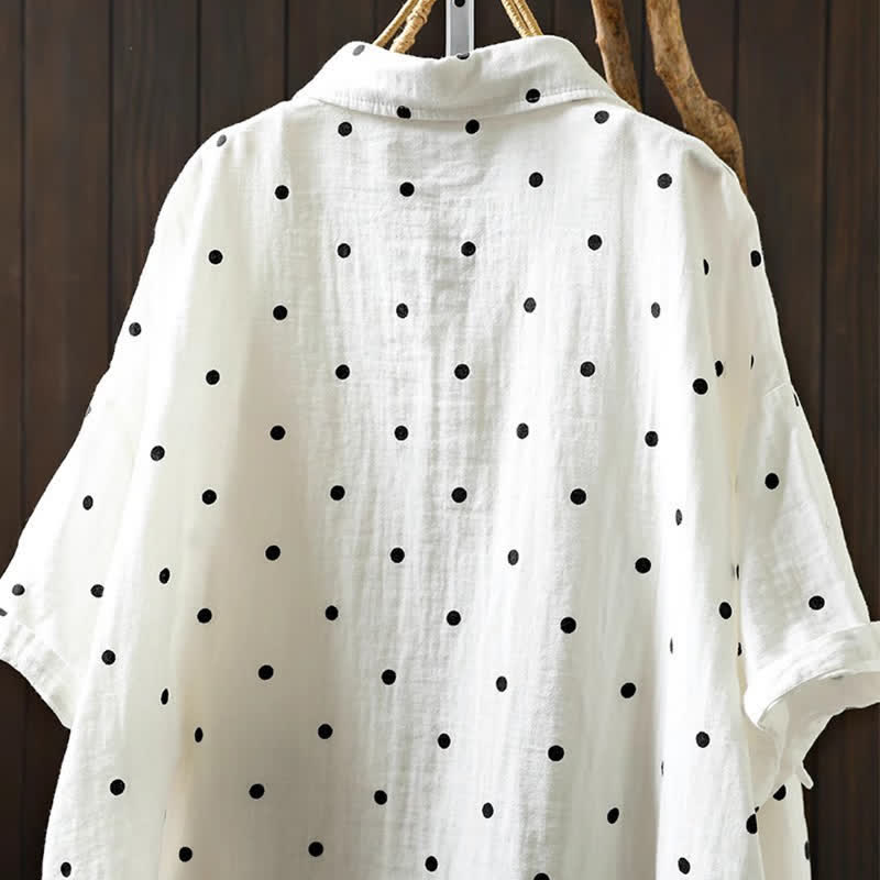 Buddha Stones Women's Commute Short Sleeve Polka Dot Lapel Cotton Shirt With Pockets - image 5