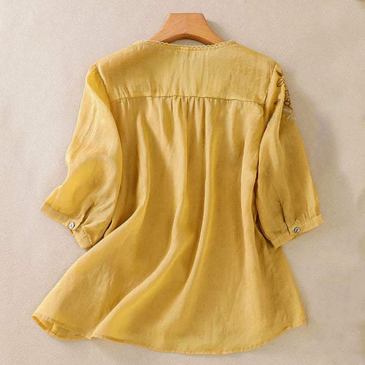 Buddha Stones Retro Embroidery Floral Pattern Short Sleeve Crew Neck Women's Shirt - image 15