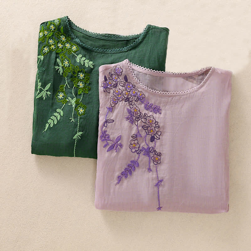 Buddha Stones Retro Embroidery Floral Pattern Short Sleeve Crew Neck Women's Shirt - image 31
