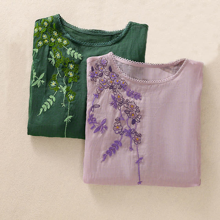 Buddha Stones Retro Embroidery Floral Pattern Short Sleeve Crew Neck Women's Shirt - image 31