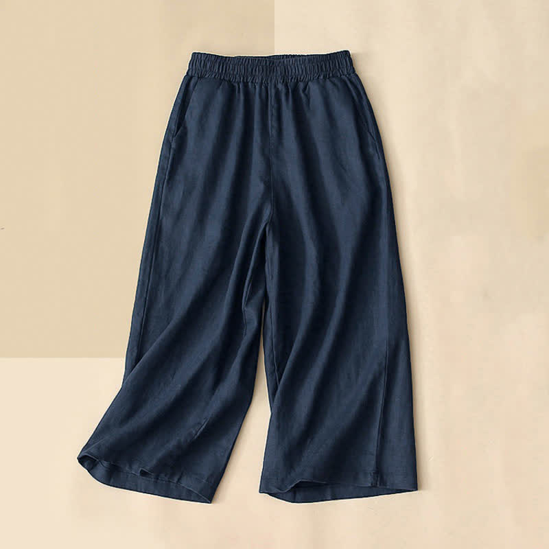 Buddha Stones High Waist Capri Cropped Women's Wide Leg Cotton Pants With Pockets - MidnightBlue - US8-10，UK/AU12-14，EU40-42 (2XL) - image 9