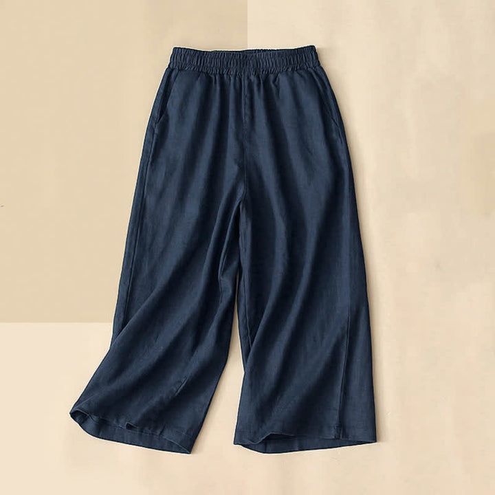 Buddha Stones High Waist Capri Cropped Women's Wide Leg Cotton Pants With Pockets - MidnightBlue - US8-10，UK/AU12-14，EU40-42 (2XL) - image 9
