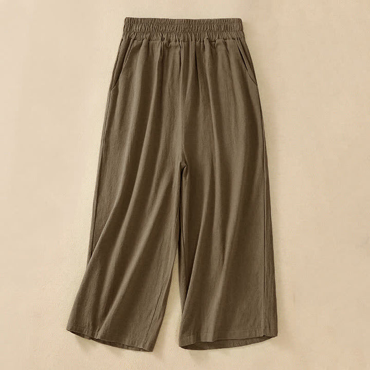 Buddha Stones High Waist Capri Cropped Women's Wide Leg Cotton Pants With Pockets - image 0