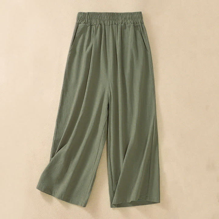 Buddha Stones High Waist Capri Cropped Women's Wide Leg Cotton Pants With Pockets - DarkSeaGreen - US8-10，UK/AU12-14，EU40-42 (2XL) - image 11