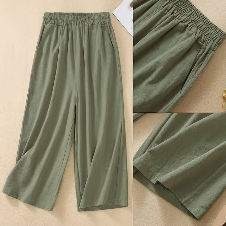 Buddha Stones High Waist Capri Cropped Women's Wide Leg Cotton Pants With Pockets - image 17