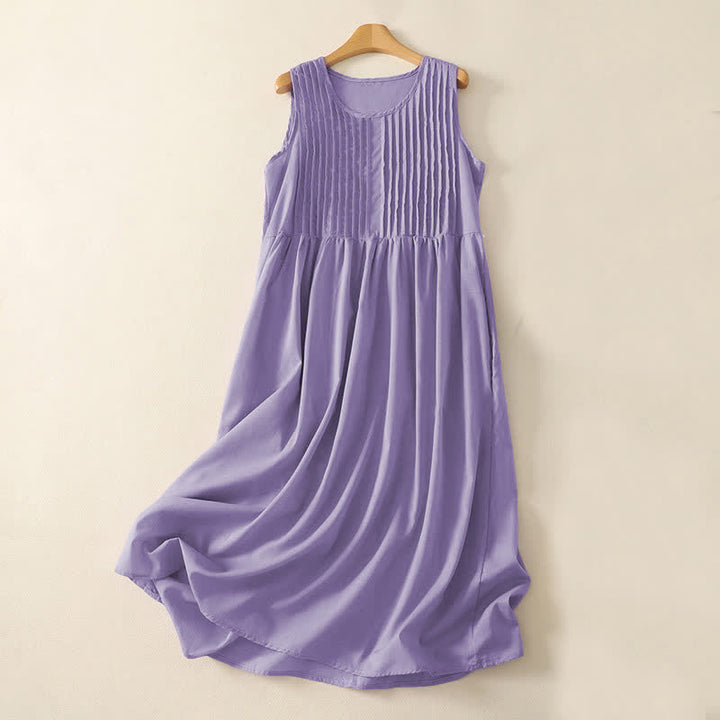 Buddha Stones Summer Pure Color Accordion Pleats Sleeveless Knee Length Dress With Pockets - MediumPurple - Lightweight fabric - image 0