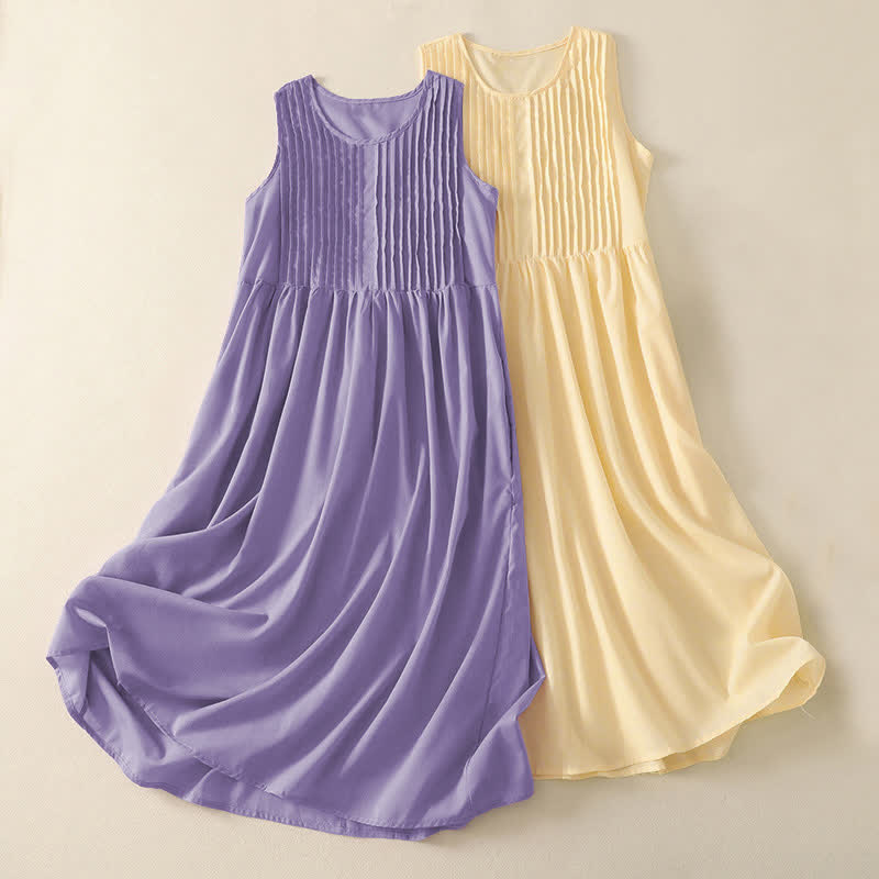 Buddha Stones Summer Pure Color Accordion Pleats Sleeveless Knee Length Dress With Pockets - image 15