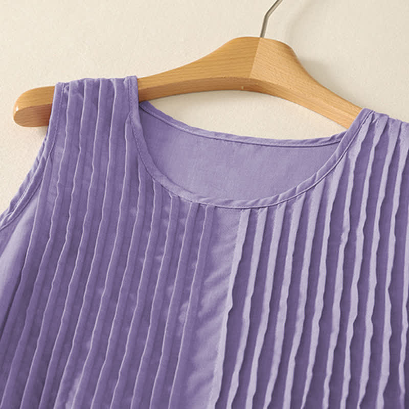 Buddha Stones Summer Pure Color Accordion Pleats Sleeveless Knee Length Dress With Pockets - image 2