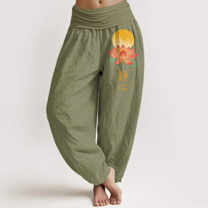 Buddha Stones Cotton Full Moon Lotus Flower Pattern Women's Elastic Waist Harem Pants - OliveDrab - US16，UK/AU20，EU48 (3XL) - image 14