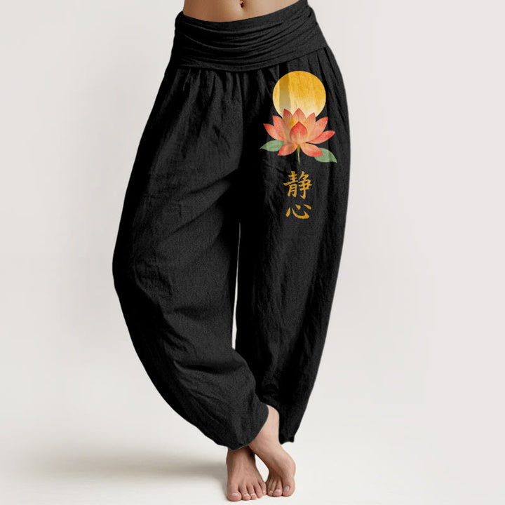 Buddha Stones Cotton Full Moon Lotus Flower Pattern Women's Elastic Waist Harem Pants - Black - US16，UK/AU20，EU48 (3XL) - image 0