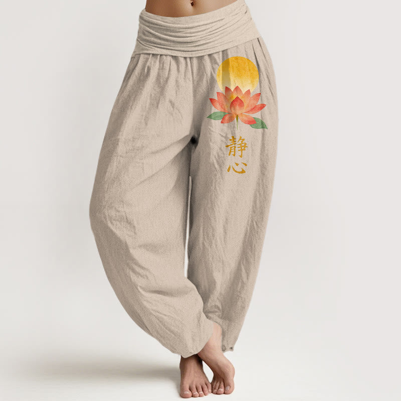 Buddha Stones Cotton Full Moon Lotus Flower Pattern Women's Elastic Waist Harem Pants - Tan - US16，UK/AU20，EU48 (3XL) - image 11