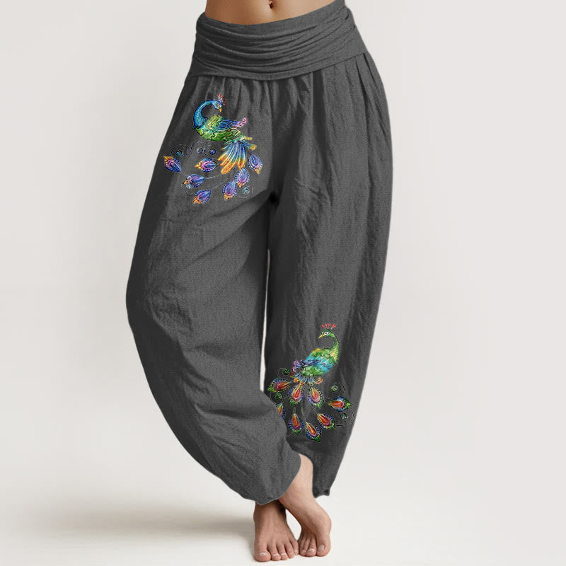 Buddha Stones Cotton Colorful Peacock Pattern Women's Elastic Waist Harem Pants - DimGrey - US16，UK/AU20，EU48 (3XL) - image 8
