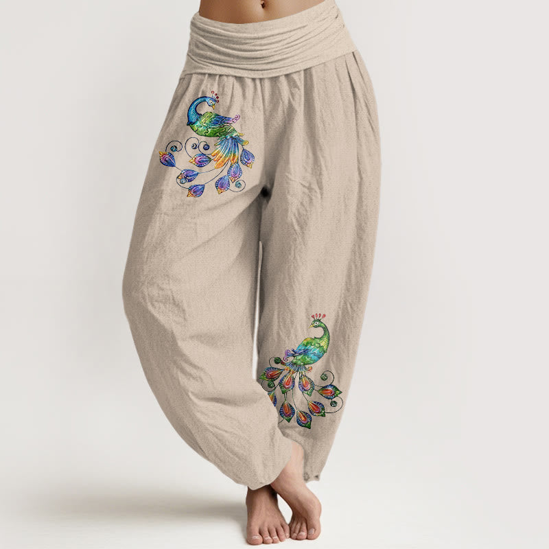Buddha Stones Cotton Colorful Peacock Pattern Women's Elastic Waist Harem Pants - Tan - US16，UK/AU20，EU48 (3XL) - image 11