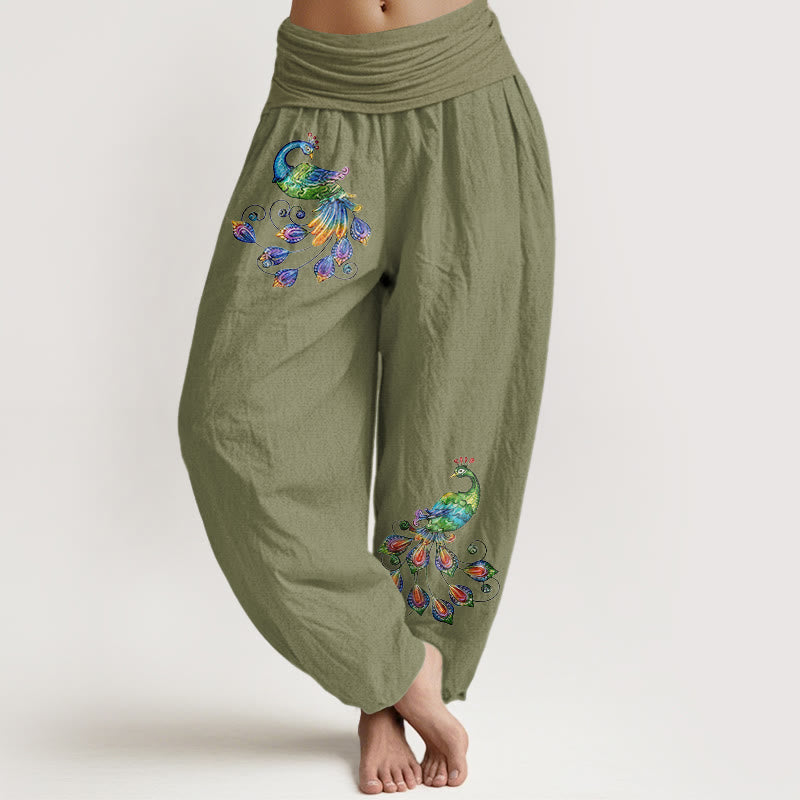Buddha Stones Cotton Colorful Peacock Pattern Women's Elastic Waist Harem Pants - OliveDrab - US16，UK/AU20，EU48 (3XL) - image 14