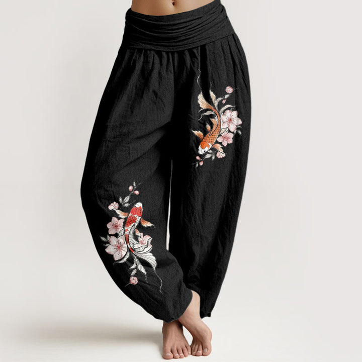 Buddha Stones Cotton Koi Fish Pink Peach Blossoms Pattern Women's Elastic Waist Harem Pants - Black - US16，UK/AU20，EU48 (3XL) - image 5