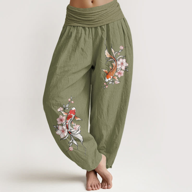 Buddha Stones Cotton Koi Fish Pink Peach Blossoms Pattern Women's Elastic Waist Harem Pants - OliveDrab - US16，UK/AU20，EU48 (3XL) - image 14