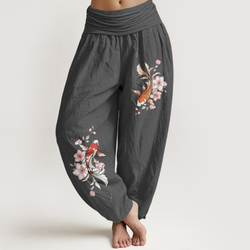 Buddha Stones Cotton Koi Fish Pink Peach Blossoms Pattern Women's Elastic Waist Harem Pants - DimGrey - US16，UK/AU20，EU48 (3XL) - image 8