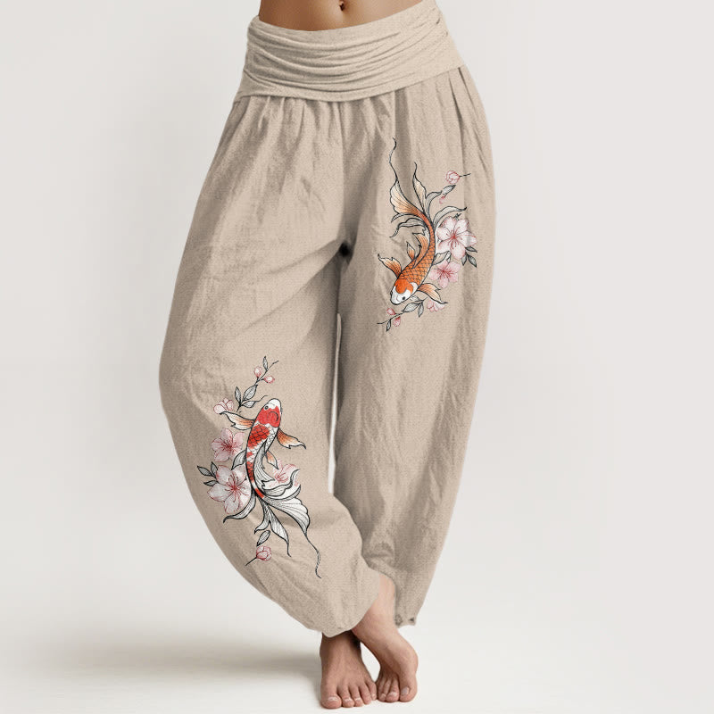 Buddha Stones Cotton Koi Fish Pink Peach Blossoms Pattern Women's Elastic Waist Harem Pants - Tan - US16，UK/AU20，EU48 (3XL) - image 11