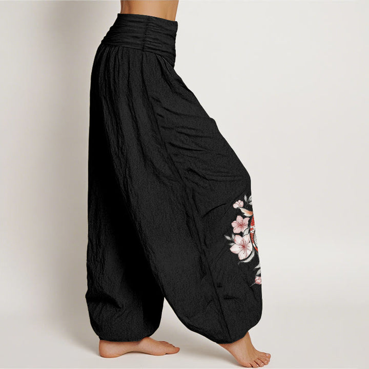 Buddha Stones Cotton Koi Fish Pink Peach Blossoms Pattern Women's Elastic Waist Harem Pants - image 7