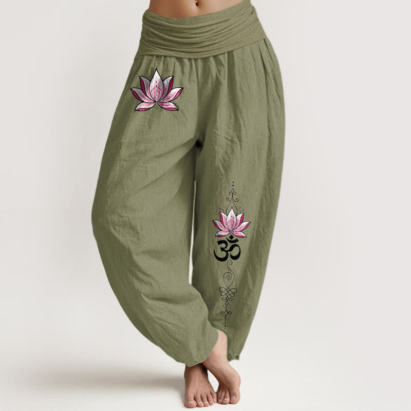 Buddha Stones Cotton Pink Lotus OM Pattern Women's Elastic Waist Harem Pants - OliveDrab - US16，UK/AU20，EU48 (3XL) - image 14