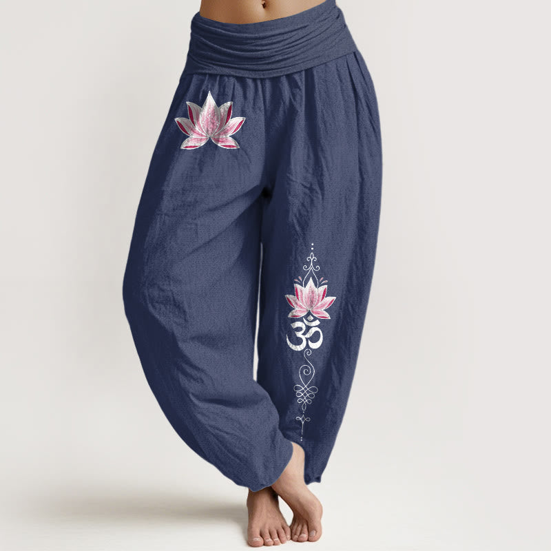 Buddha Stones Cotton Pink Lotus OM Pattern Women's Elastic Waist Harem Pants - DarkSlateBlue - US16，UK/AU20，EU48 (3XL) - image 8