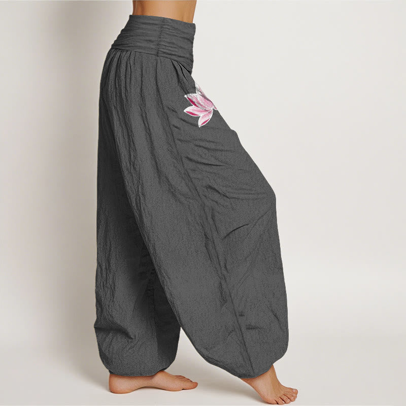Buddha Stones Cotton Pink Lotus OM Pattern Women's Elastic Waist Harem Pants - image 13