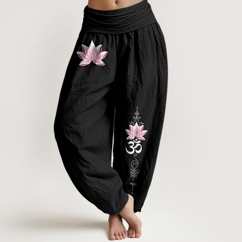 Buddha Stones Cotton Pink Lotus OM Pattern Women's Elastic Waist Harem Pants - Black - US16，UK/AU20，EU48 (3XL) - image 5