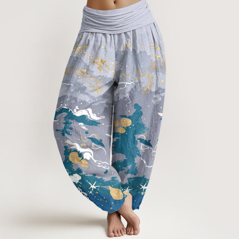 Buddha Stones Cotton Waves Sky Pattern Women's Elastic Waist Harem Pants - LightSteelBlue - US16，UK/AU20，EU48 (3XL) - image 0