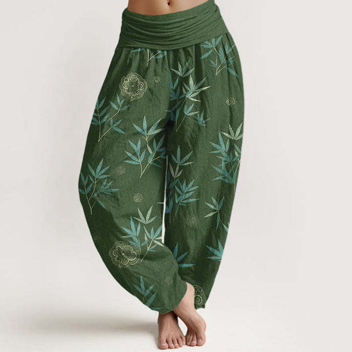Buddha Stones Cotton Bamboo Geometric Flowers Pattern Women's Elastic Waist Harem Pants - ForestGreen - US16，UK/AU20，EU48 (3XL) - image 0