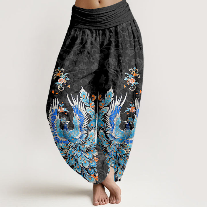 Buddha Stones Cotton Phoenix Peach Blossom Pattern Women's Elastic Waist Harem Pants - Black - US16，UK/AU20，EU48 (3XL) - image 5