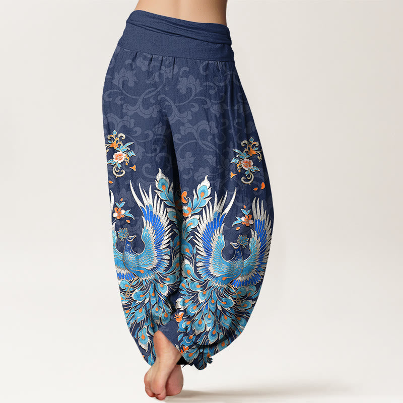 Buddha Stones Cotton Phoenix Peach Blossom Pattern Women's Elastic Waist Harem Pants - image 1