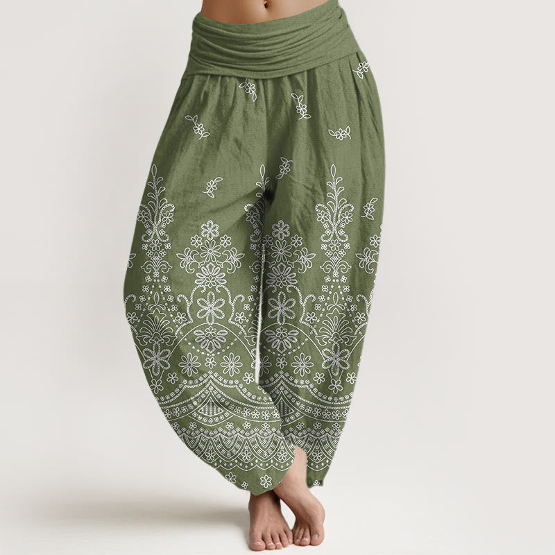 Buddha Stones Cotton Mandala White Flower Pattern Women's Elastic Waist Harem Pants - OliveDrab - US16，UK/AU20，EU48 (3XL) - image 0