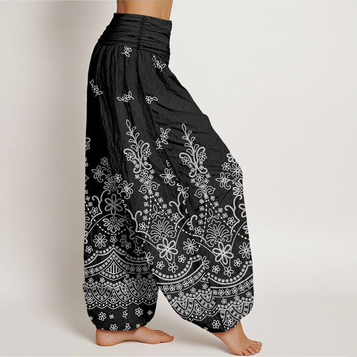 Buddha Stones Cotton Mandala White Flower Pattern Women's Elastic Waist Harem Pants - image 7