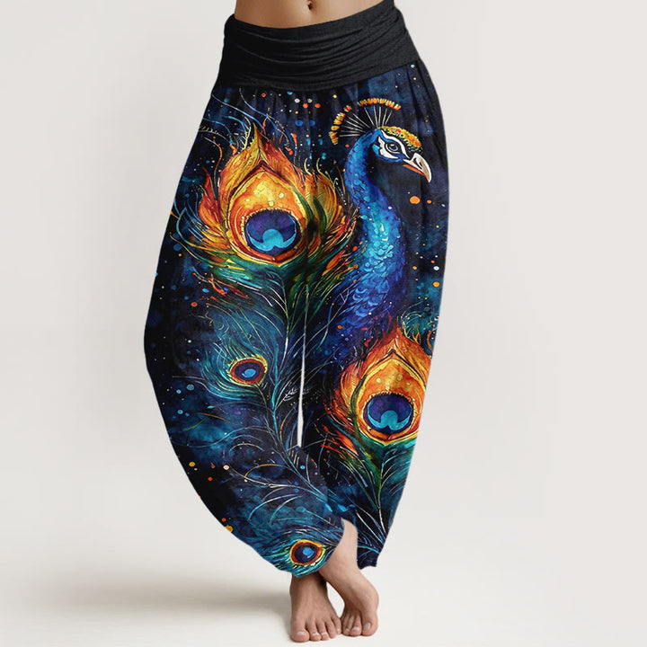Buddha Stones Cotton Peacock Starry Sky Pattern Women's Elastic Waist Harem Pants - DarkBlue - US16，UK/AU20，EU48 (3XL) - image 0
