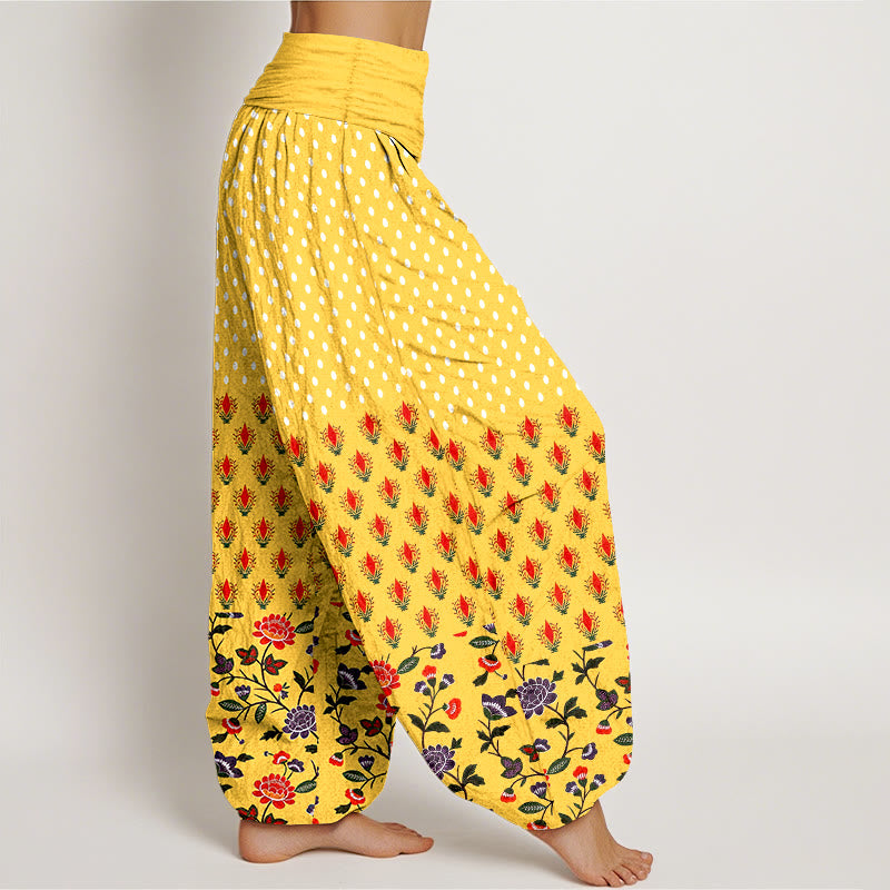 Buddha Stones Cotton Dots Red Purple Flower Pattern Women's Elastic Waist Harem Pants - image 2