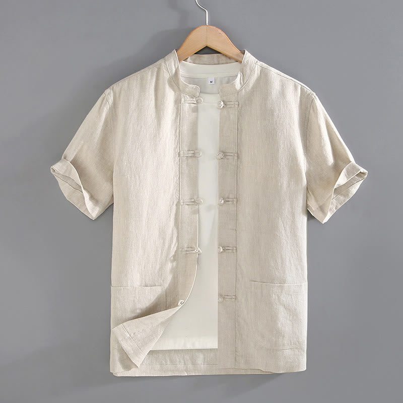 Buddha Stones Vintage Plain Tang Suit Chinese Frog-Button Men's Shirt With Pockets - Beige - US/UK/AU46，EU56 (5XL) - image 0