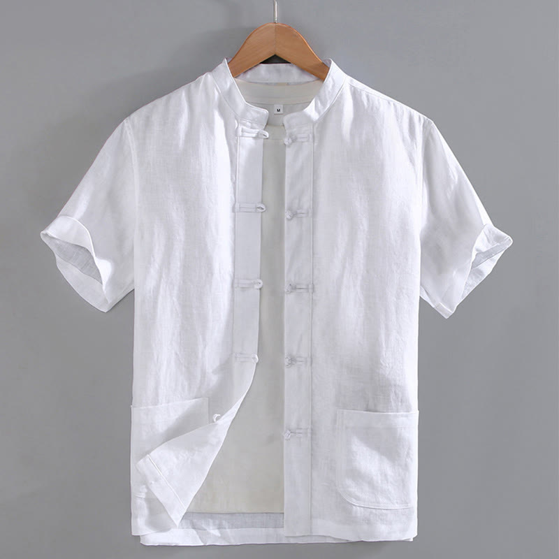 Buddha Stones Vintage Plain Tang Suit Chinese Frog-Button Men's Shirt With Pockets - White - US/UK/AU46，EU56 (5XL) - image 7