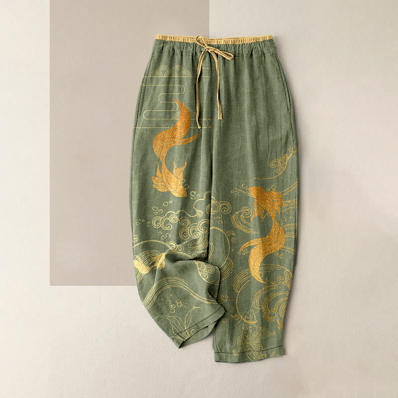 Buddha Stones Pure Cotton Koi Fish Wave Pattern Women's Elastic Waist Pants With Pockets - OliveDrab - US16，UK/AU20，EU48 (3XL) - image 1