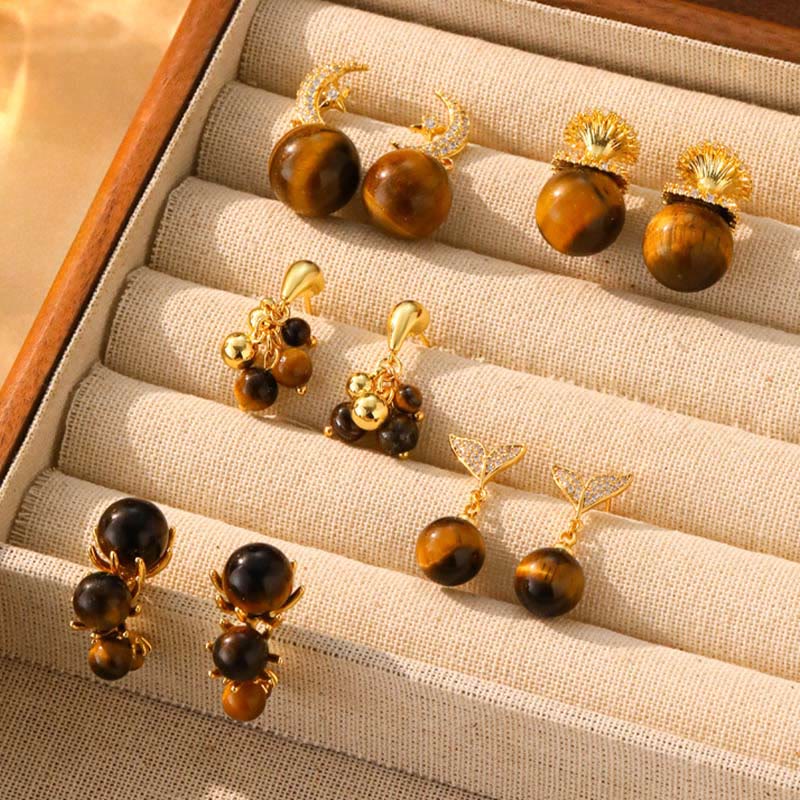 Buddha Stones Tiger Eye Round Bead Fish Tail Irregular Design Protection Earrings - image 8
