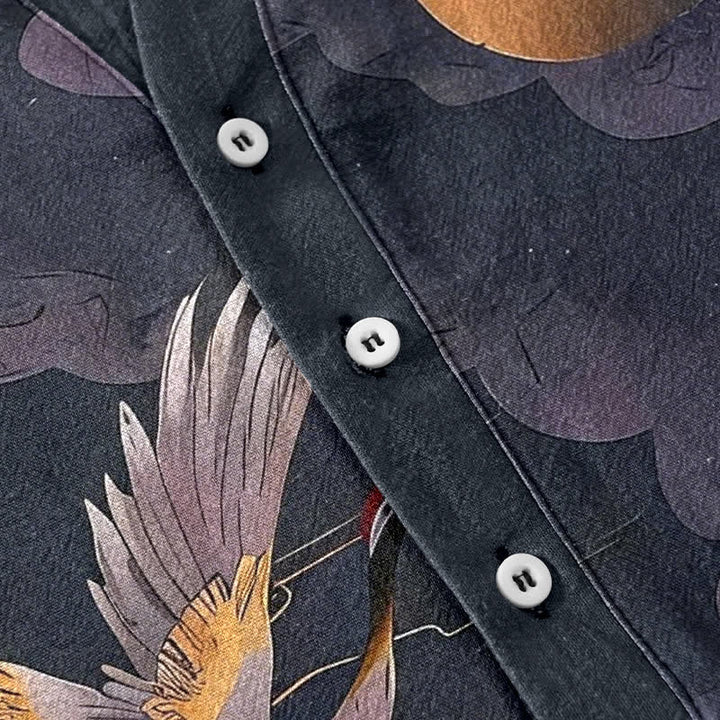 Buddha Stones Cotton Full Moon Crane Pattern Men's Short Sleeve Half Button Shirt - image 3