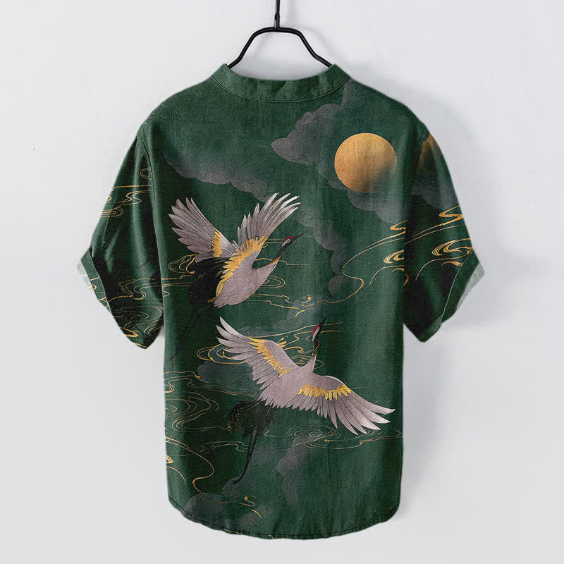 Buddha Stones Cotton Full Moon Crane Pattern Men's Short Sleeve Half Button Shirt - image 6