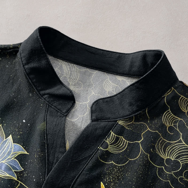 Buddha Stones Cotton Crane Wave Lotus Cloud Pattern Men's Short Sleeve Half Button Shirt - image 2