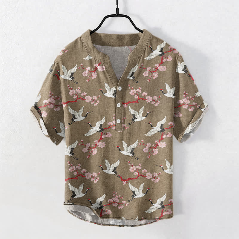Buddha Stones Crane Plum Blossom Men's Henley Short Sleeve Shirt - Tan - US/UK/AU50，EU60 (5XL) - image 5
