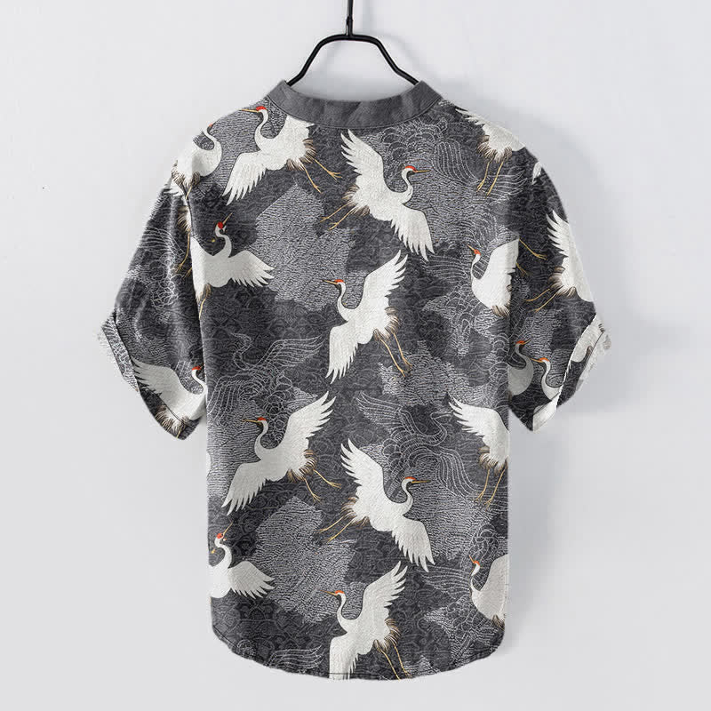 Buddha Stones Crane Short Sleeve Men's Shirt Resort Casual - image 1