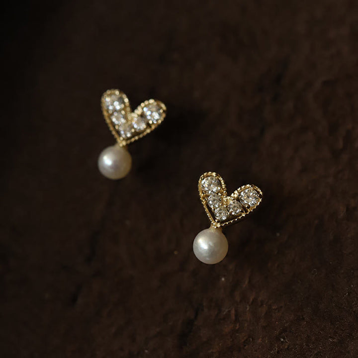 Buddha Stones 925 Sterling Silver Plated With Gold Heart Design Sincerity Earrings - Pearl(925 Sterling Silver Plated With Gold Posts) - image 0