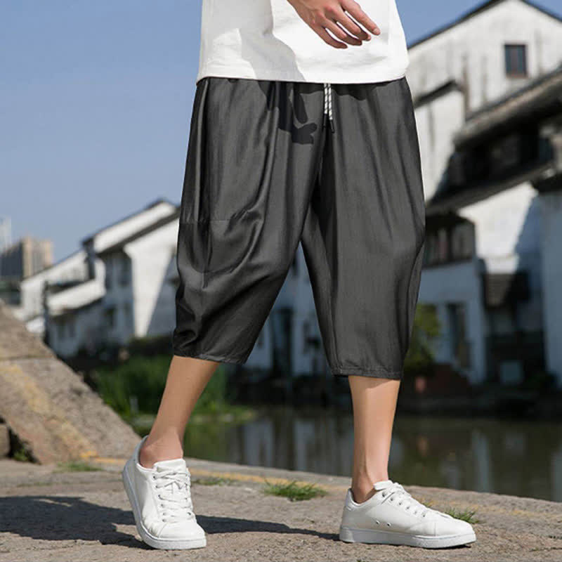 Buddha Stones Summer Elastic Waist Drawstring Solid Color Half Men's Tapered Pants With Pockets  - image 15