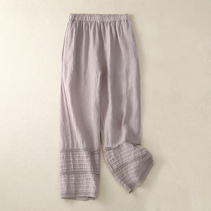 Buddha Stones Spring Elastic Waist Lace Pleated Hem Cotton Women's Pants With Pockets - image 0