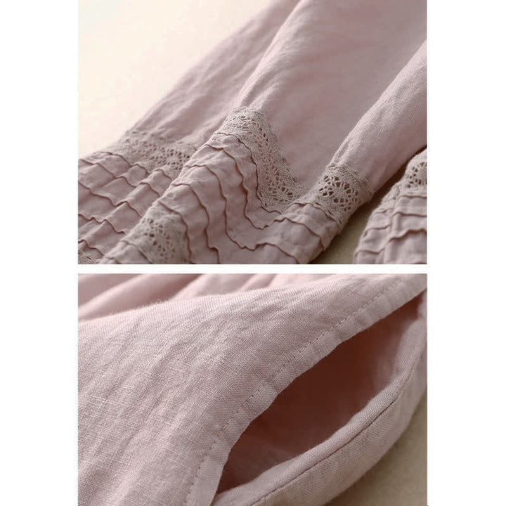 Buddha Stones Spring Elastic Waist Lace Pleated Hem Cotton Women's Pants With Pockets - image 4