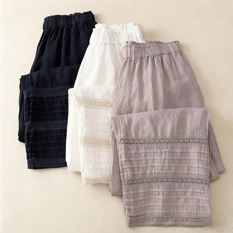 Buddha Stones Spring Elastic Waist Lace Pleated Hem Cotton Women's Pants With Pockets - image 14